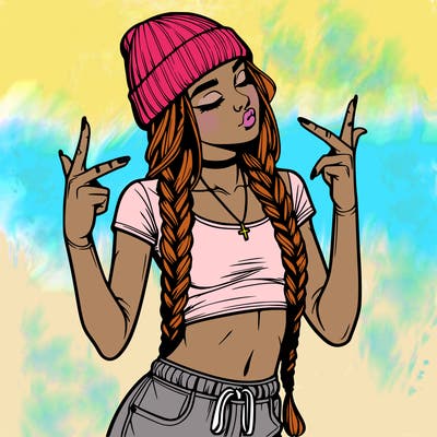 realistic teenage girl with braids and a beanie and crop top doing 🫶🏼