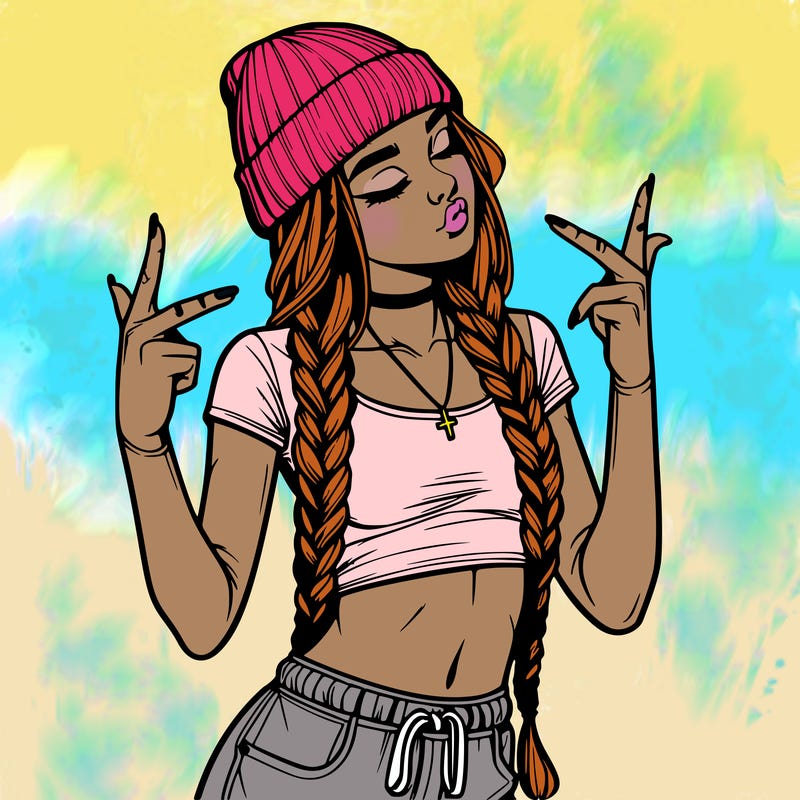realistic teenage girl with braids and a beanie and crop top doing 🫶🏼