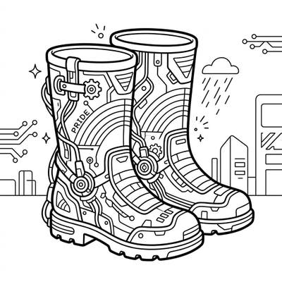Dive into a unique blend of futuristic style and celebration with this Cyberpunk Pride Gumboots coloring page. Perfect for adults and teens, it features intricate details and symbolic elements ready for your creative touch.