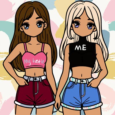 two sisters with crop tops and jean shorts and straight hair