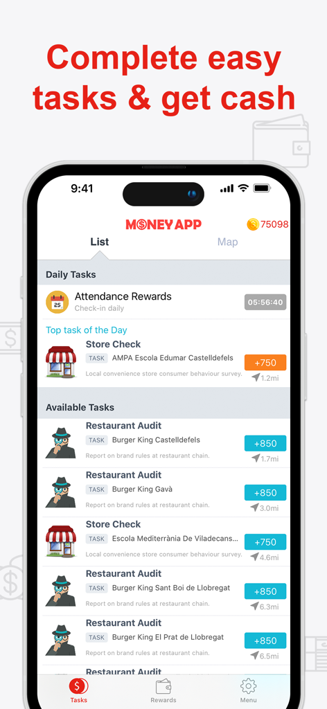 Money App – Cash & Rewards App - Interfaccia di Money App che mostra i micro-compiti disponibili e i premi in denaro su un iPhone.