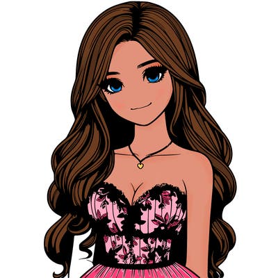 realistic girl with long hair and pretty prom dress