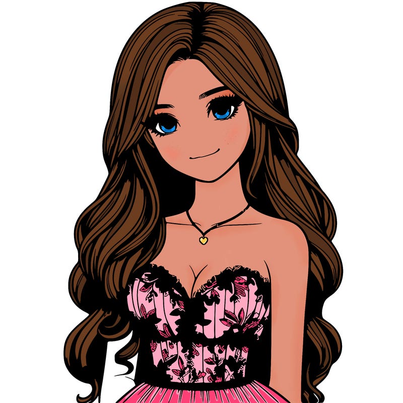 realistic girl with long hair and pretty prom dress