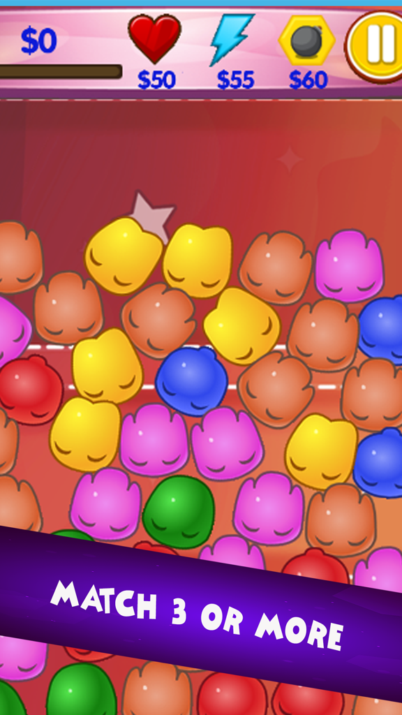 Coloridas gelatinas en la pantalla de juego match 3 de Juicy Drops Jelly Blast Mania