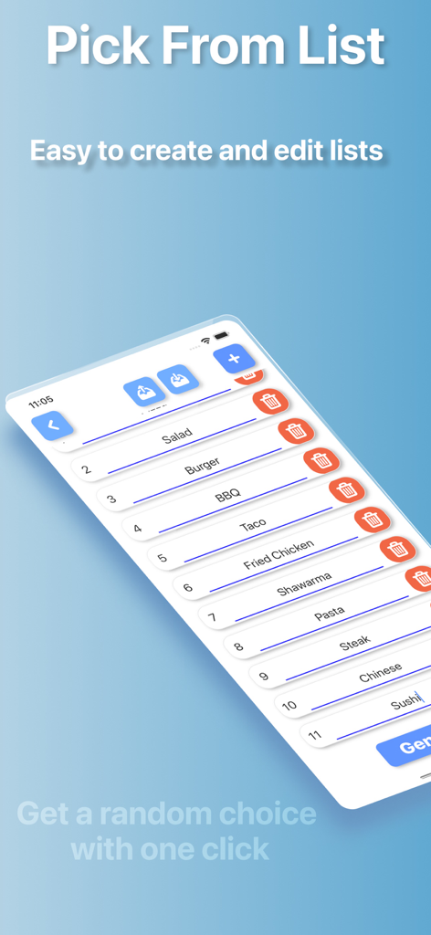 Random Generator App - 食品アイテムのカスタムリストからランダムな選択を作成および選択するためのインターフェイス