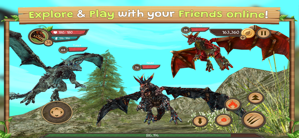 Dragon Sim Online - Tres dragones personalizados diferentes en un mundo de fantasía en 3D durante una sesión multijugador en línea.