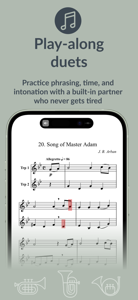 Interface do aplicativo Neotones mostrando o recurso de duetos de play-along com partitura de trompete de J. B. Arban