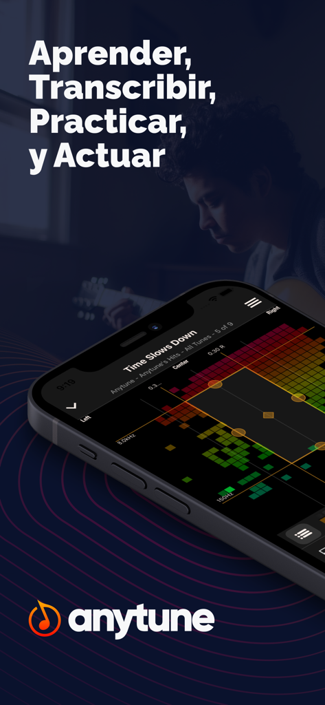 Anytune Pro: Music Trainer  - Anytune Pro app showing an audio visualizer on a smartphone screen with a musician playing guitar in the background.