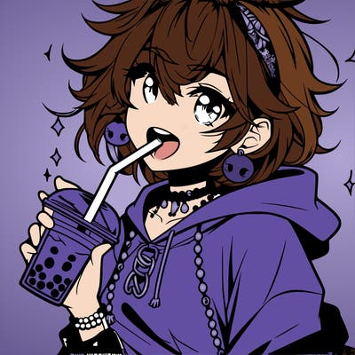 hot baddie anime girl drinking boba and biting the straw
