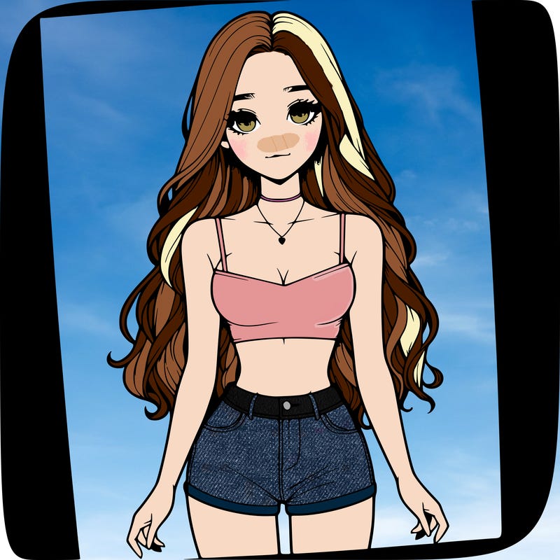 a realistic girl with long hair and in a crop top and shprts
