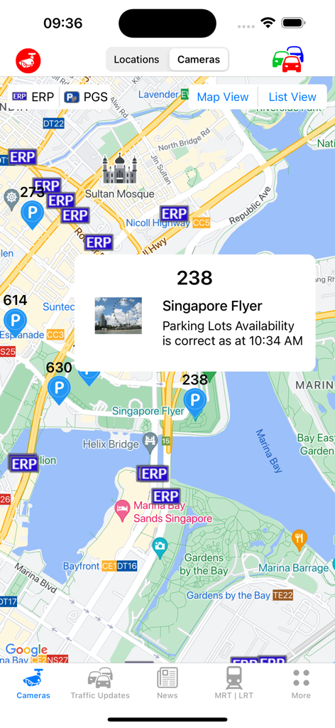 SG Traffic Cameras & Updates - Map view of Singapore showing real time parking availability and ERP locations