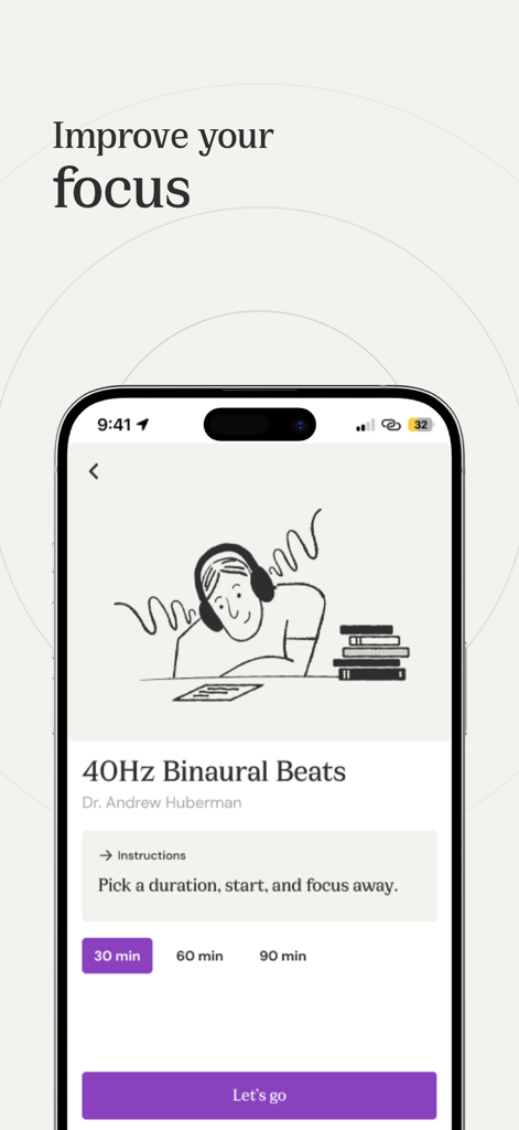 Virtusan: NSDR, 40 Hz and more - Virtusan mobile app screen showing the 40Hz Binaural Beats protocol by Dr Andrew Huberman to improve focus