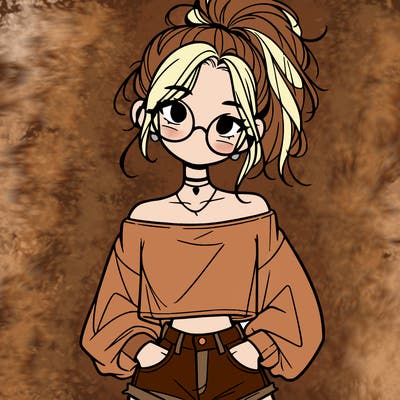 girl with a messy ponytail glasses a baggy crop top and jean shorts