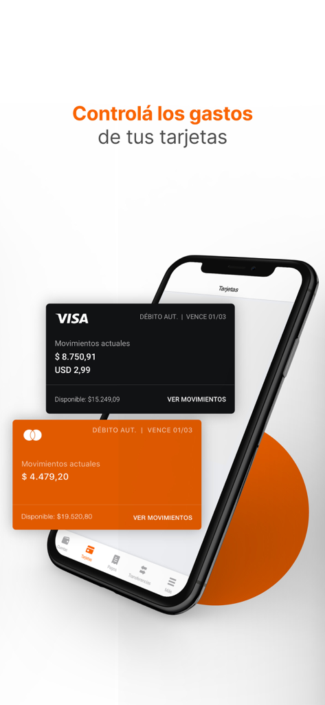 Galicia - El banco en tu celu - Interfaz móvil de la app de Galicia que muestra saldos de tarjetas de crédito Visa y Mastercard y seguimiento de gastos