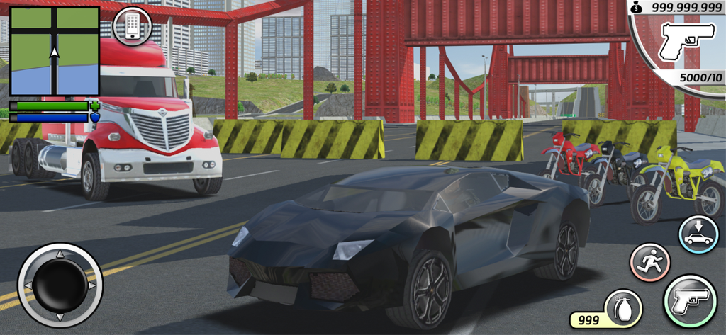 市街地で黒いスポーツカーと大きな赤いトラックが映る『グランド・ハイスト・オンライン』のゲームプレイ画面