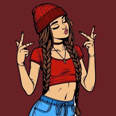 realistic teenage girl with braids and a beanie and crop top doing 🫶🏼