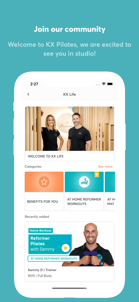 KX Pilates app interface showing the KX Life community welcome screen and workout categories like at-home reformer workouts.