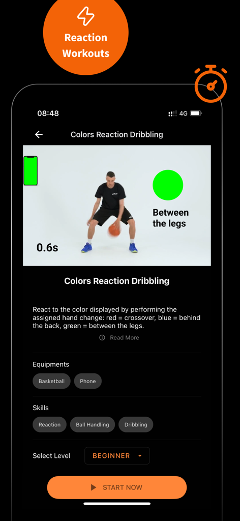 SpotBasket Basketball Training - Mobile app screen showing a color-based basketball reaction dribbling drill with video instruction