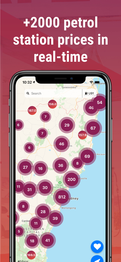 Fuel Check NSW - Cheap Petrol - Mobile app map showing real-time fuel prices at over 2000 petrol stations.