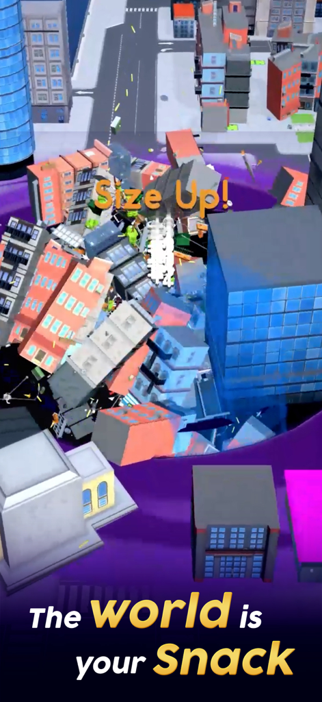 Hole.io gameplay showing a large hole swallowing multiple buildings in a city environment with the text The world is your Snack