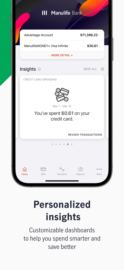 Manulife Bank Mobile app screen showing personalized financial insights and a customizable dashboard with spending breakdowns