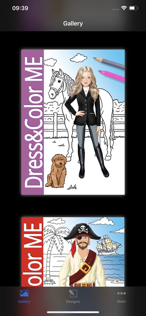 Dress and Color Me - Dress and Color Meアプリのギャラリーのスクリーンショット。馬に乗ったライダーと海賊のお絵かきページオプションが表示されています。