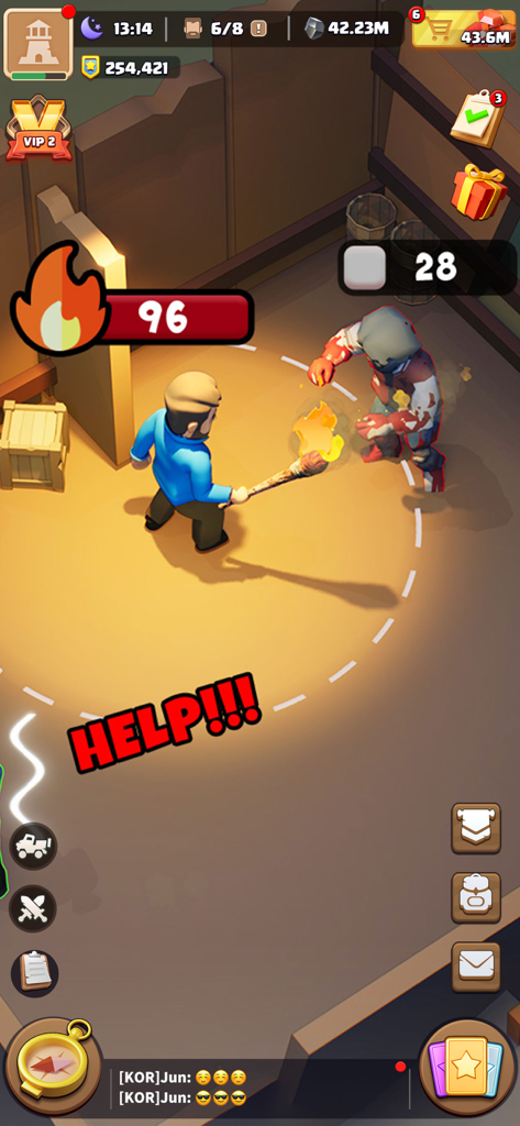 A survivor holding a torch faces a zombie in a dark shelter in Dark War Survival