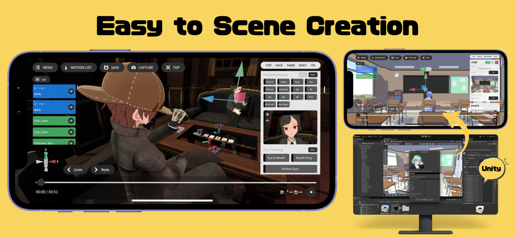 Keyaki Studio - Keyaki Studioアプリのインターフェース。アニメアバターとUnity連携による3Dアニメーションシーン作成を表示しています