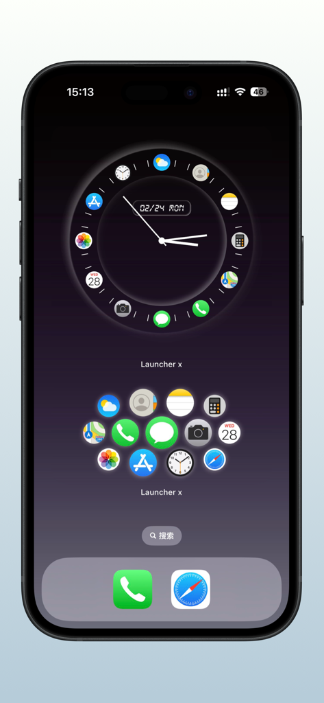 Launcher x – Quick App Widgets - Uma tela inicial do iPhone apresentando um widget de relógio circular personalizado e atalhos de aplicativos agrupados do Launcher x.