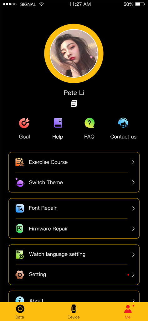 KODAK SMART WATCH - Écran des paramètres du profil utilisateur de l'application Kodak Smart Watch montrant les options de menu pour les cours d'exercices et les paramètres de l'appareil