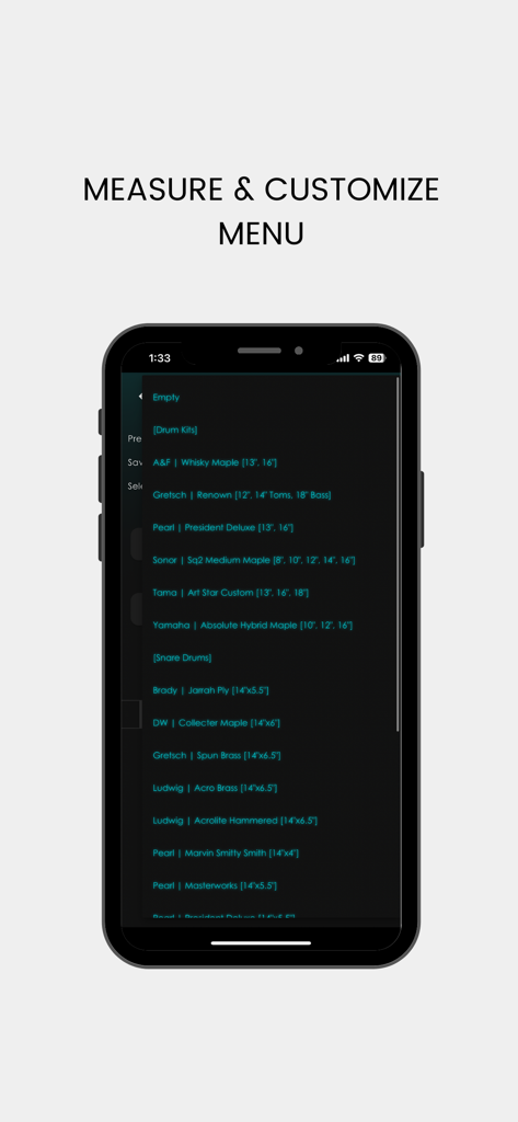 Ultimate Drum Tune - Das Menü „Messen und Anpassen“ in der Ultimate Drum Tune App zeigt eine Liste von Drum-Kits und Snare-Drums.