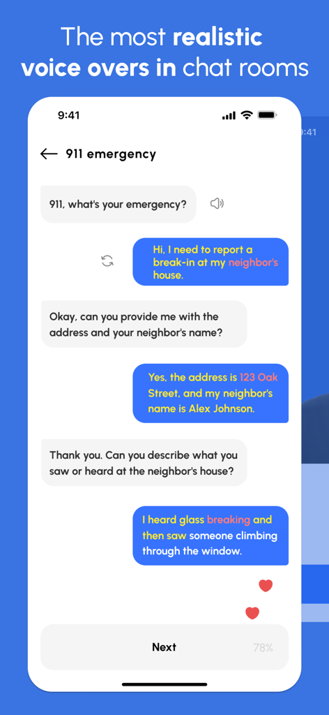 AI-powered realistic English conversation simulation for an emergency scenario in the Speak and Learn app