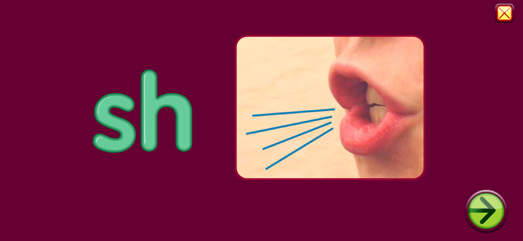 Lição de fonética para o som 'sh' mostrando a posição da boca no aplicativo Starfall Aprenda a Ler.