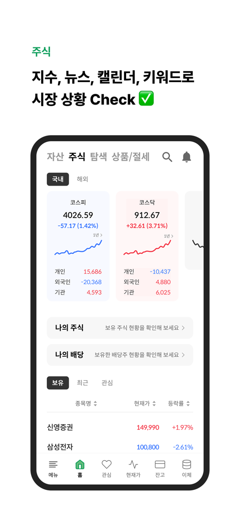 L'interface de l'application mobile Shinyoung Securities Green montrant les indices du marché coréen comme le KOSPI et le KOSDAQ et une liste de surveillance des actions