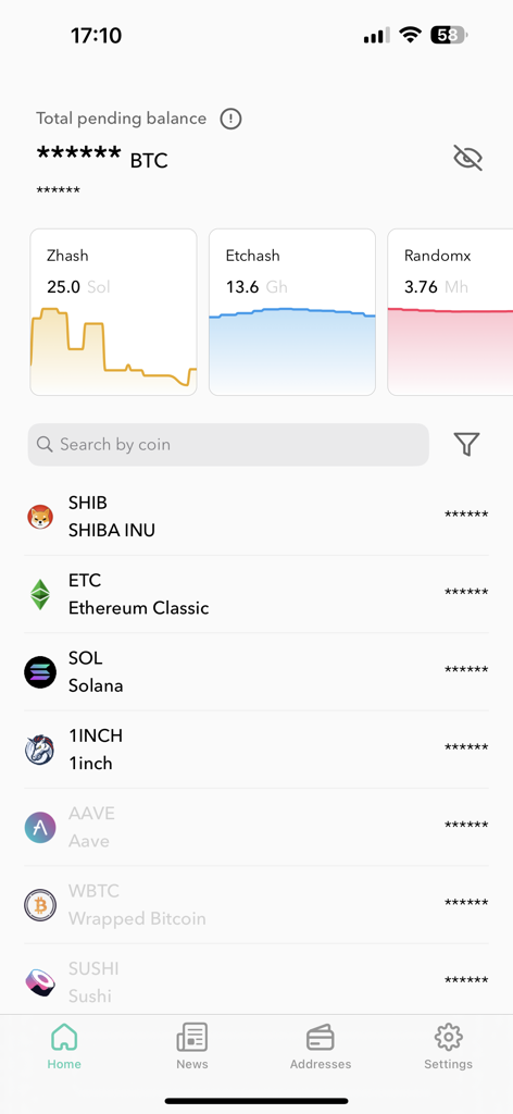 unMineable - unMineable app dashboard showing mining algorithm hash rate charts and cryptocurrency list with privacy mode enabled