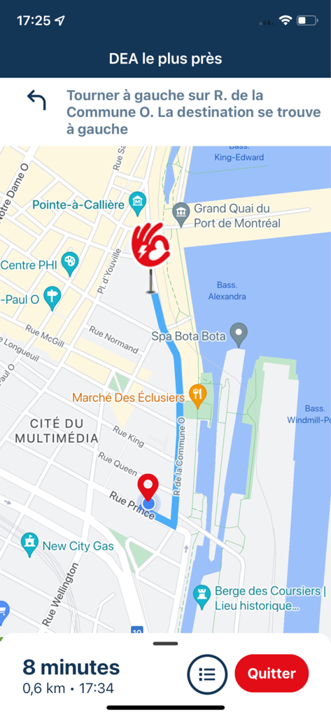 AED - Quebec - モントリオールにある最寄りの自動体外式除細動器へのナビゲーション指示と移動時間を表示するマップビュー