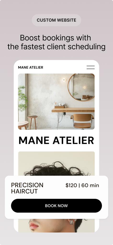 GlossGenius: Booking, Payments - 서비스와 '지금 예약하기' 버튼이 있는 헤어살롱용 맞춤형 모바일 예약 웹사이트