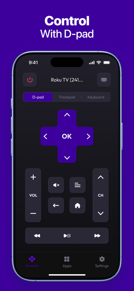 Roku TV Remote app showing the digital D-pad controller on an iPhone