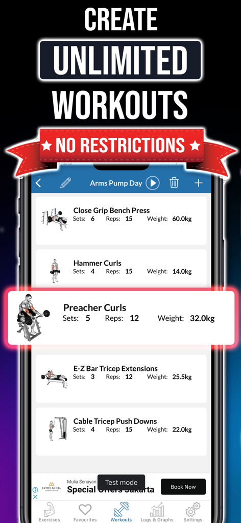 Gym Exercises & Workouts - Pantalla de smartphone mostrando una rutina de entrenamiento de brazos personalizada con series y repeticiones en la aplicación Gym Exercises and Workouts.