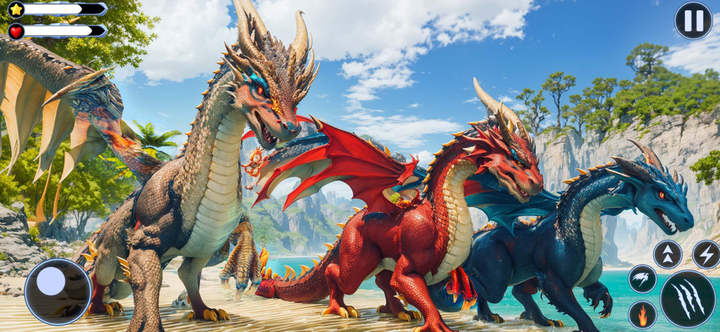 Virtual Dragon Family Sim 3D - Captura de tela da jogabilidade do Simulador de Família de Dragões Virtuais 3D mostrando três dragões coloridos em uma praia