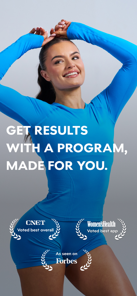 EvolveYou: Strength For Women - Promotional screen for EvolveYou fitness app featuring a woman in blue workout gear and awards from CNET Women's Health and Forbes