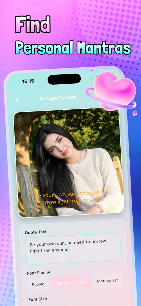 Nexli app interface showing a design canvas to create personal mantra cards with custom photos and fonts