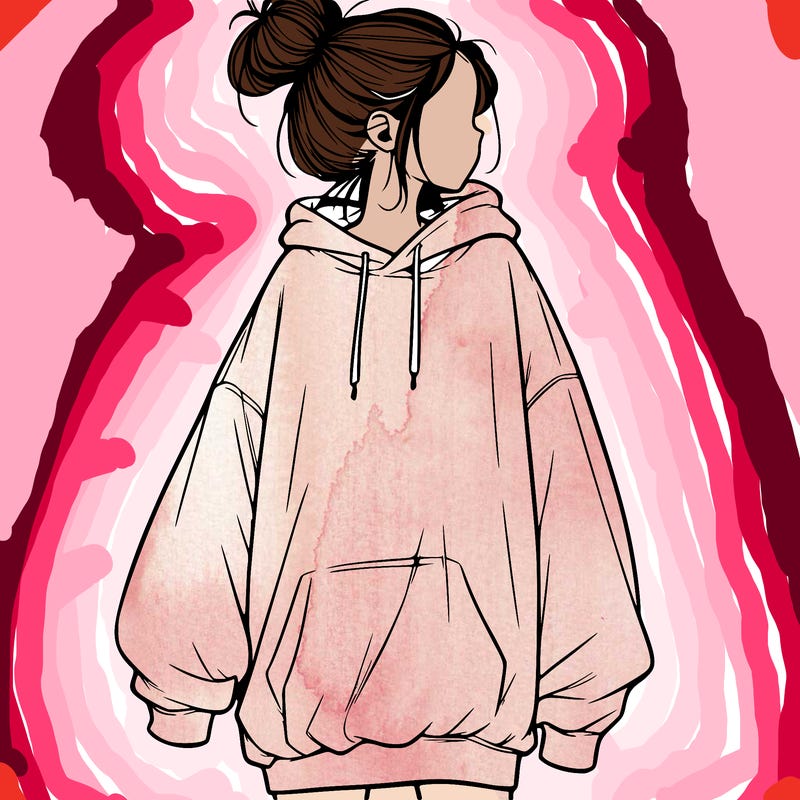 realistic girl with a oversized sweatshirt on and a bun
