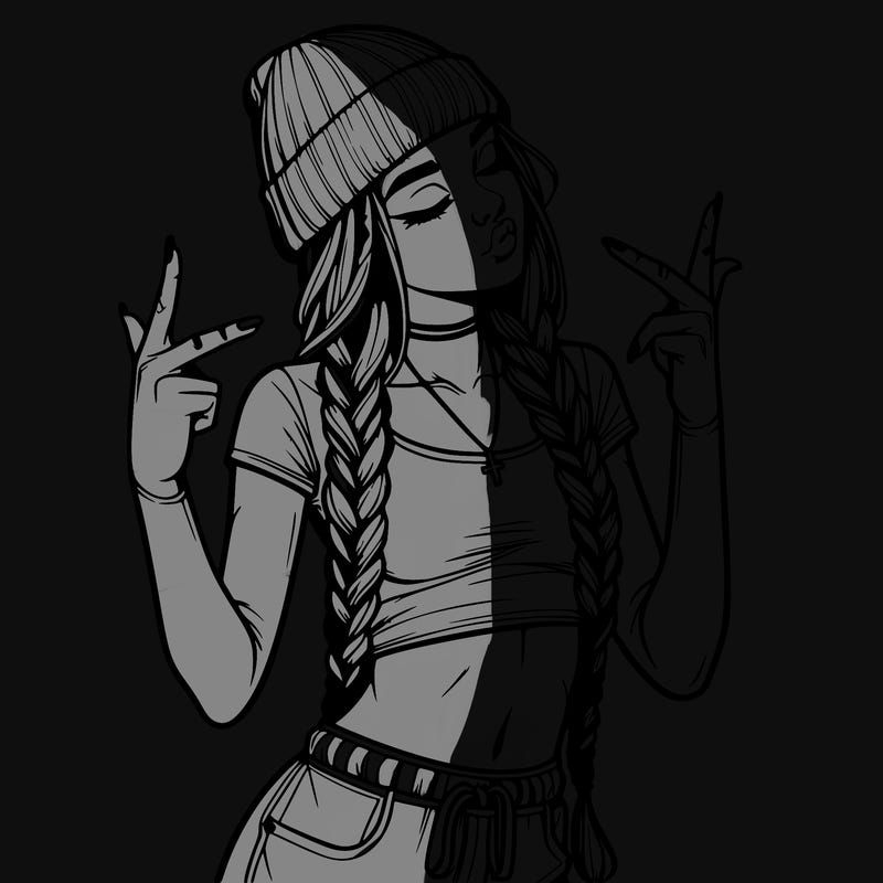realistic teenage girl with braids and a beanie and crop top doing 🫶🏼