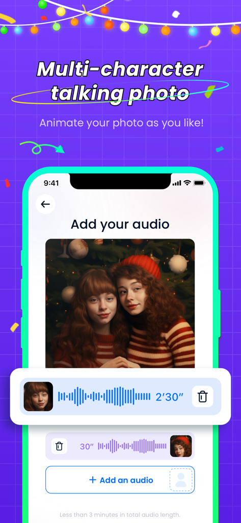 DupDub Lab - Talking Photos - Interface do aplicativo mostrando como adicionar áudio a uma foto com dois personagens para criar uma animação falante por IA.