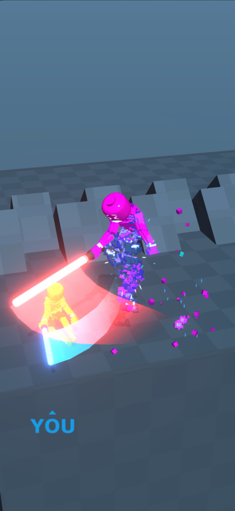 Block Gladiator 3D: sword duel - A voxel gladiator shattering into blocks during a lightsaber sword duel.