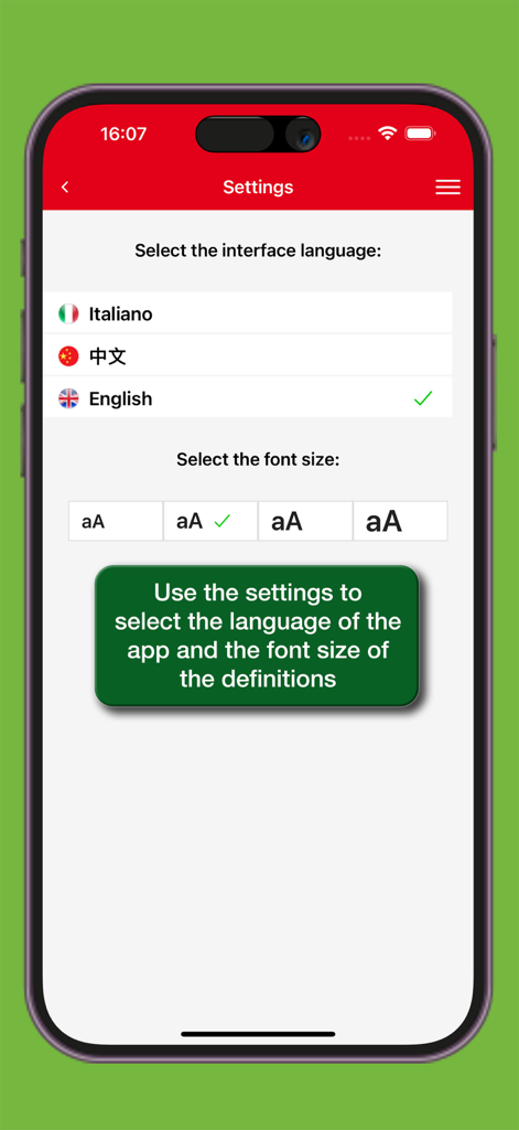 Écran des paramètres du Dizionario Cinese Hoepli montrant les options de langue de l'interface et de taille de police