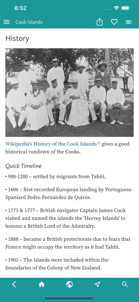 Linha do tempo histórica e fotografia vintage na página de história do aplicativo de guia de viagem Cook Islands Best.