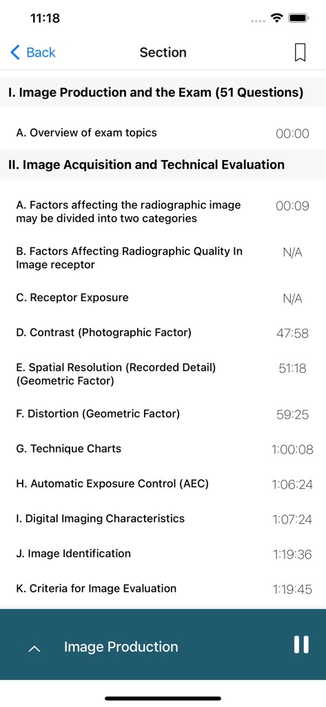 Rad Tech Audio - Liste des sections et sujets de conférences audio pour la préparation à l'examen de technologie radiologique.