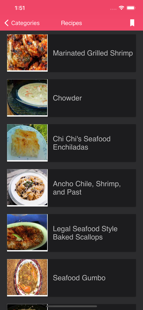 Healthy Food Recipes - Yummy - Eine Liste von Fisch- und Meeresfrüchterezepten, darunter marinierte gegrillte Garnelen-Chowder und Meeresfrüchte-Gumbo in der Healthy Food Recipes App